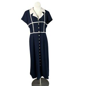 Julian Taylor Vintage Navy Blue Cream Nautical Sailor Shirt Dress Size 14